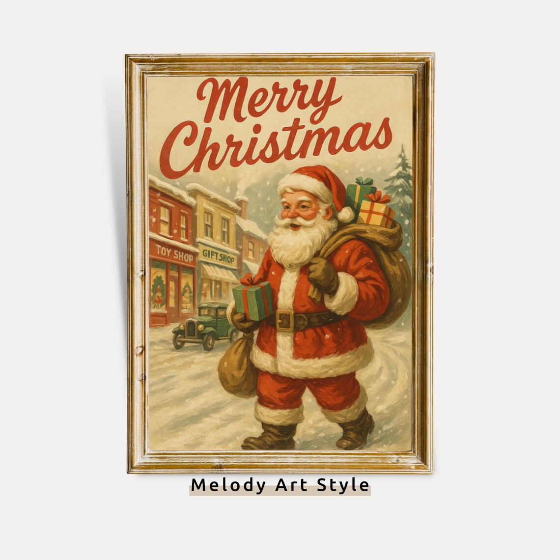 Vintage Santa Claus Merry Christmas Toy Shop Street Retro Holiday Poster