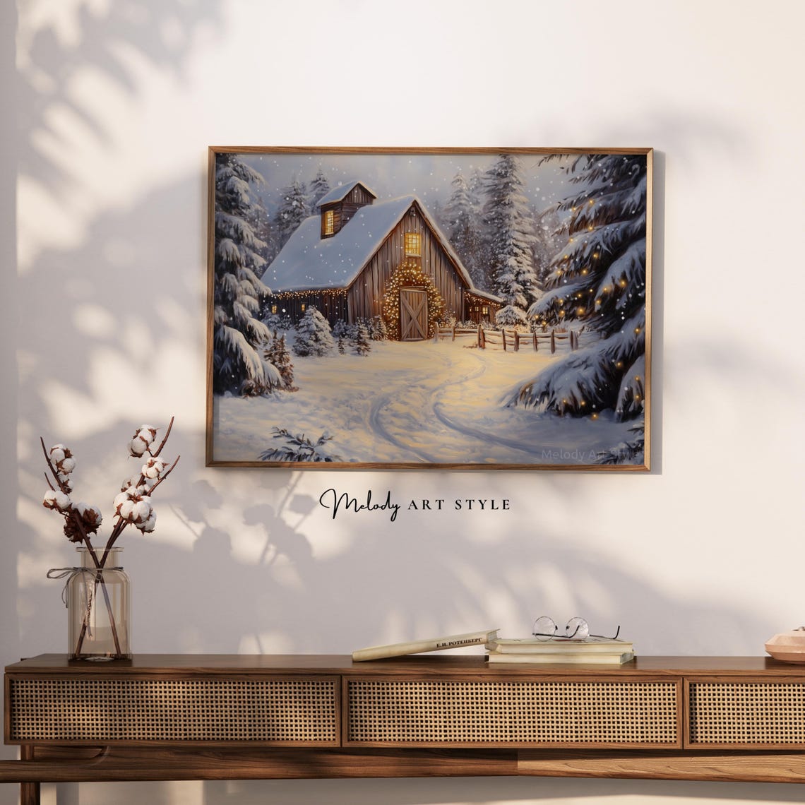 Snowy Christmas Barn With Twinkling Lights Holiday Farm Art Poster - Image 2