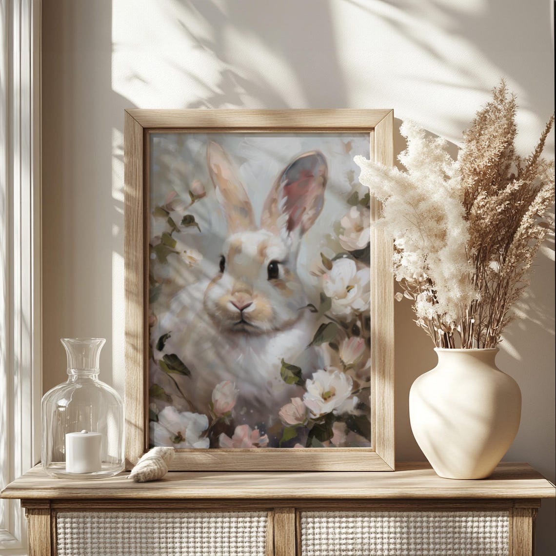 White Bunny Portrait Pastel Spring Blossoms Easter Art Poster - Image 2