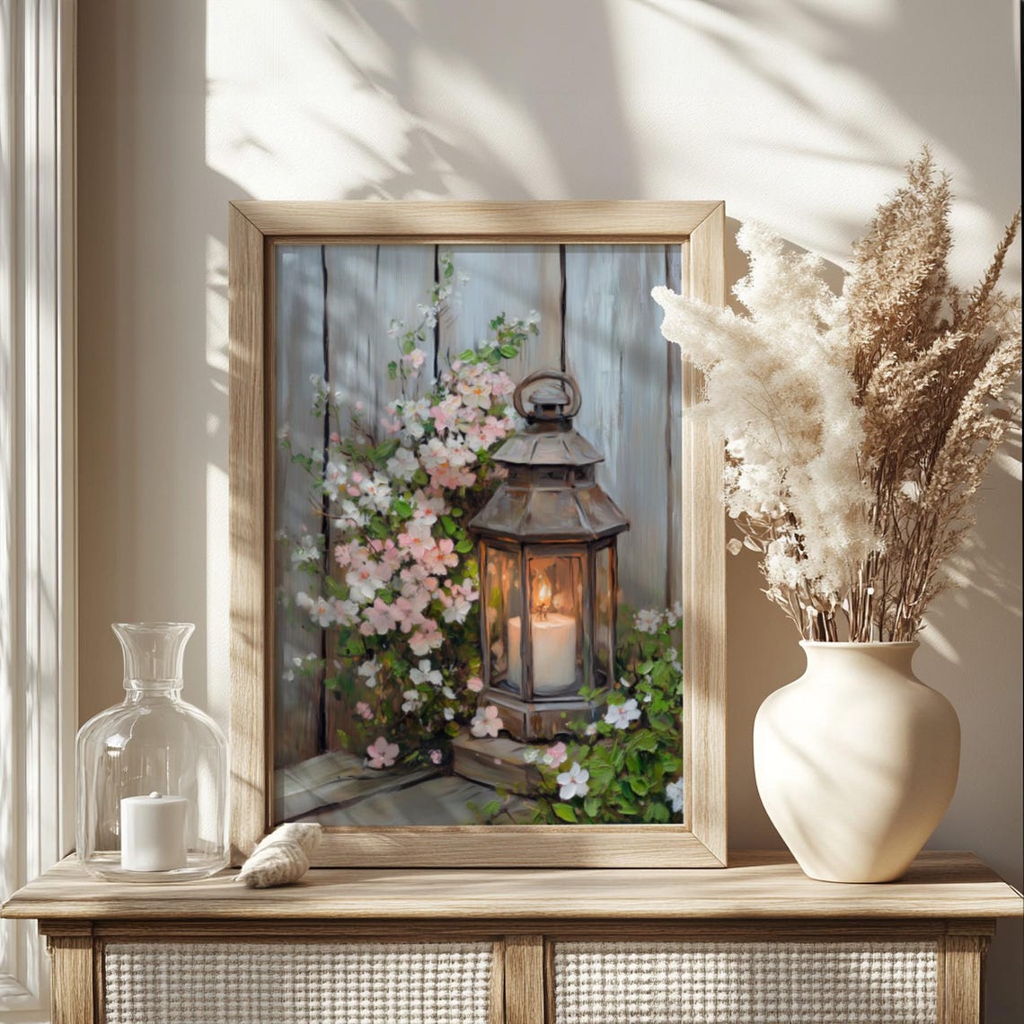 Rustic Lantern Candle Glow Pink Wildflowers Spring Wall Art Poster - Image 2