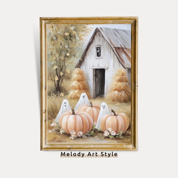 Ghosts And Pumpkins Wall Art Country Halloween Print Fall Painting Barn At Autumn Harvest P623