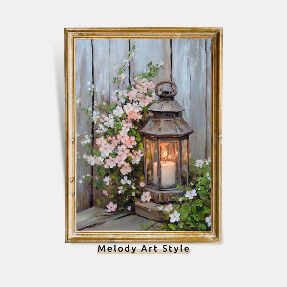 Rustic Lantern Candle Glow Pink Wildflowers Spring Wall Art Poster