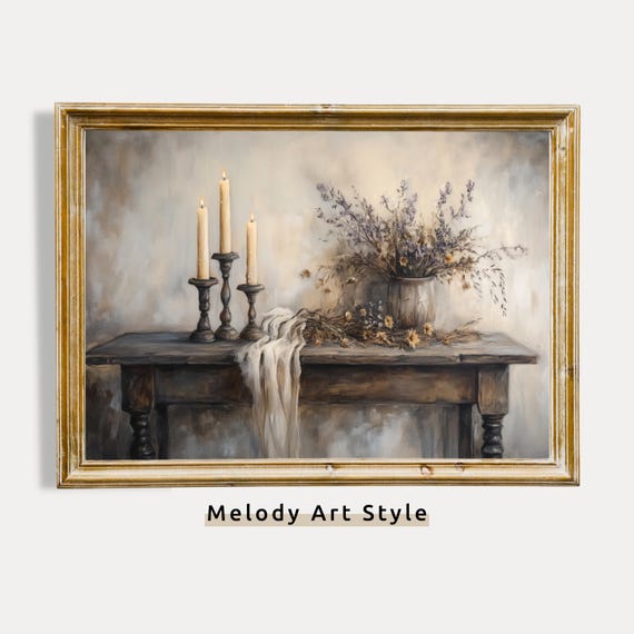 Moody Vintage Still Life Print Dark Academia Wall Art Rustic Candles And Dried Flowers Painting Antique Style Decor P352