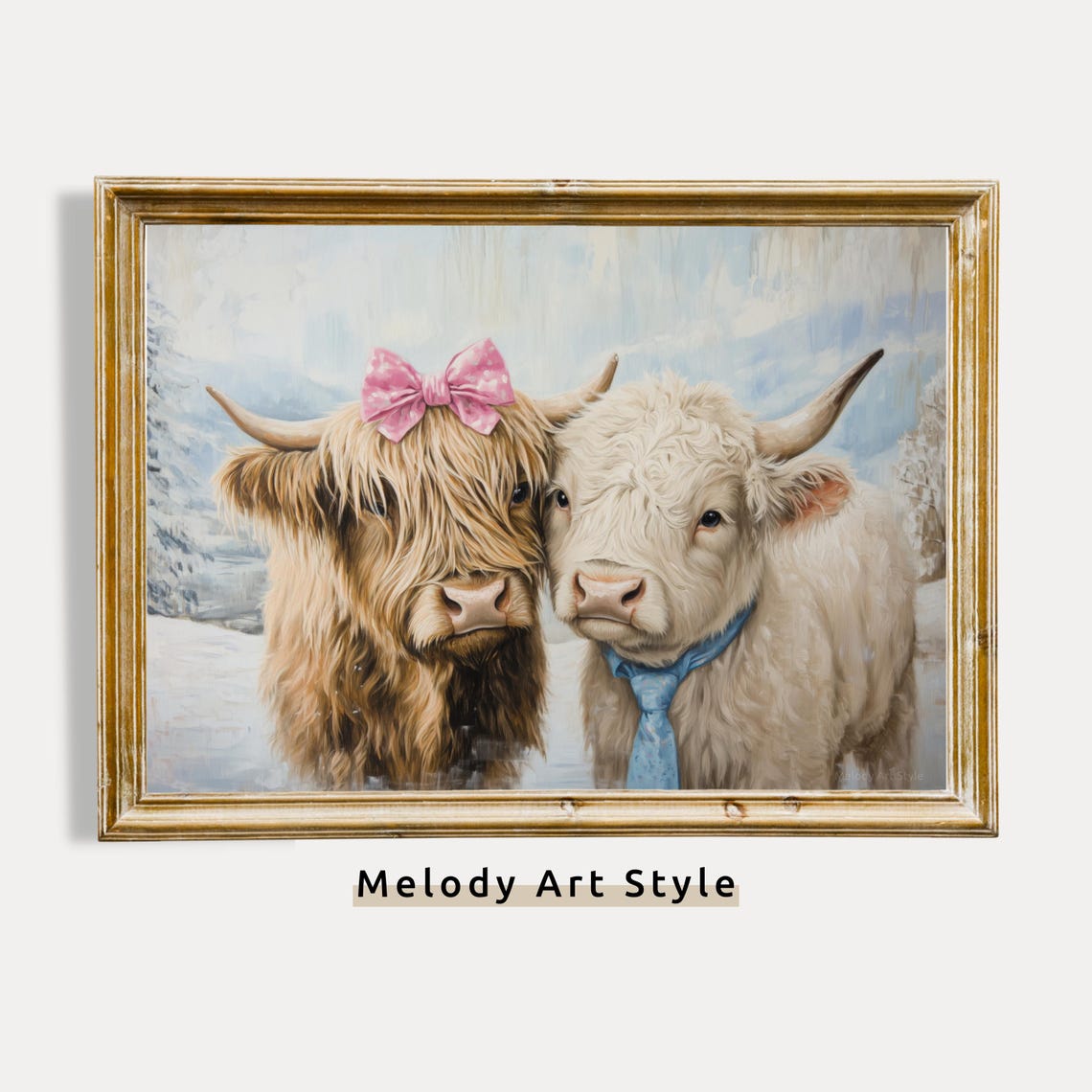 Two Cute Highland Calves With Bow And Tie Snowy Farm Animal Poster