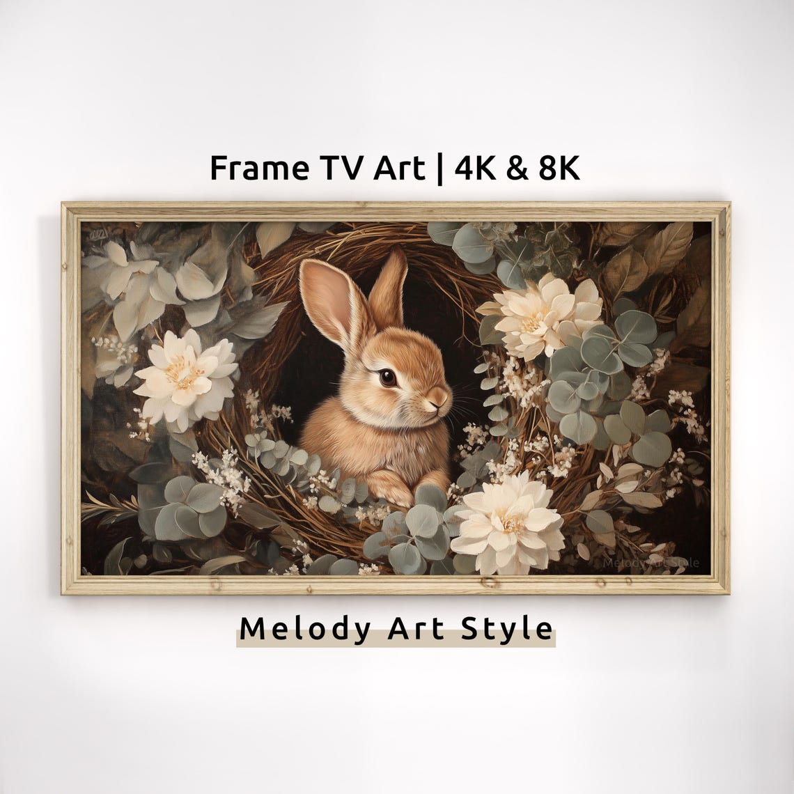 Bunny In Floral Wreath Nest Moody Cottagecore Spring Art Poster