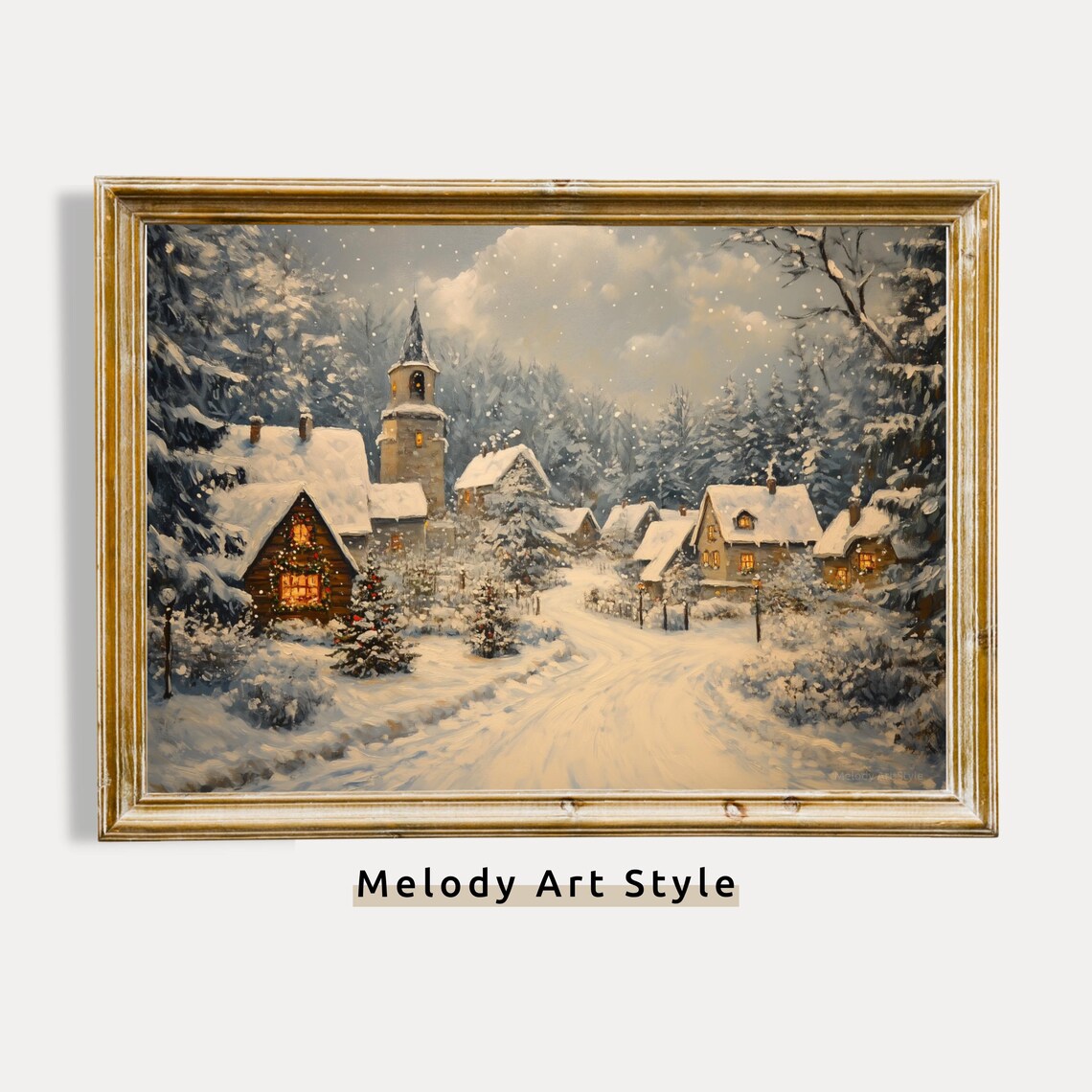 Rustic Winter Village Church Snowy Landscape Christmas Holiday Art Poster