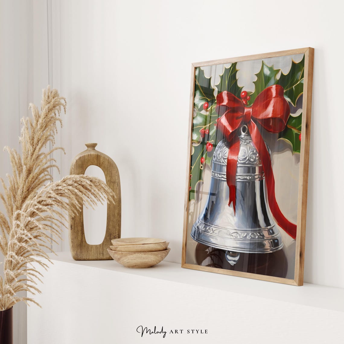 Silver Christmas Bell Red Bow Holly Berries Holiday Wall Art Poster - Image 2