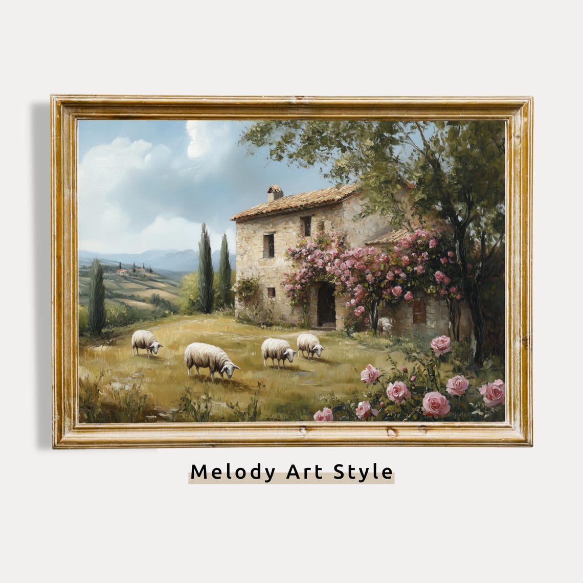 Mediterranean Stone Farmhouse Sheep Grazing Roses Vintage Wall Art