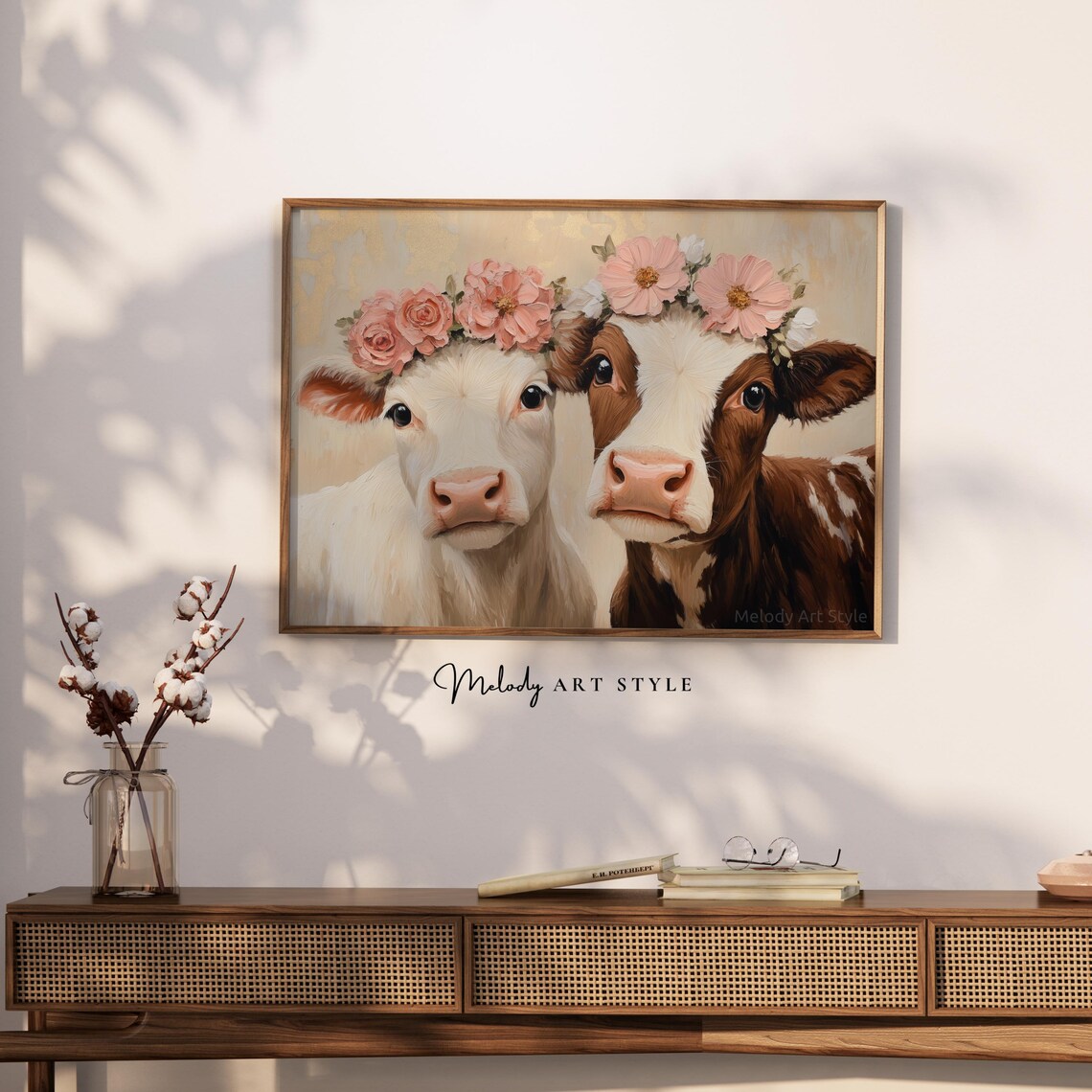 Two Calves Wearing Pink Flower Crowns Cute Farmhouse Animal Poster - Image 2
