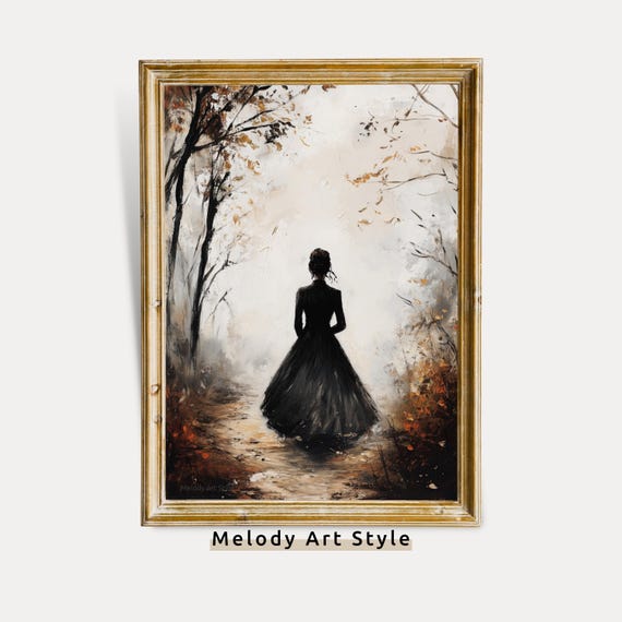 Mystical Fall Forest Path With Gothic Woman Silhouettel Wall Art Moody Autumn Landscape P659
