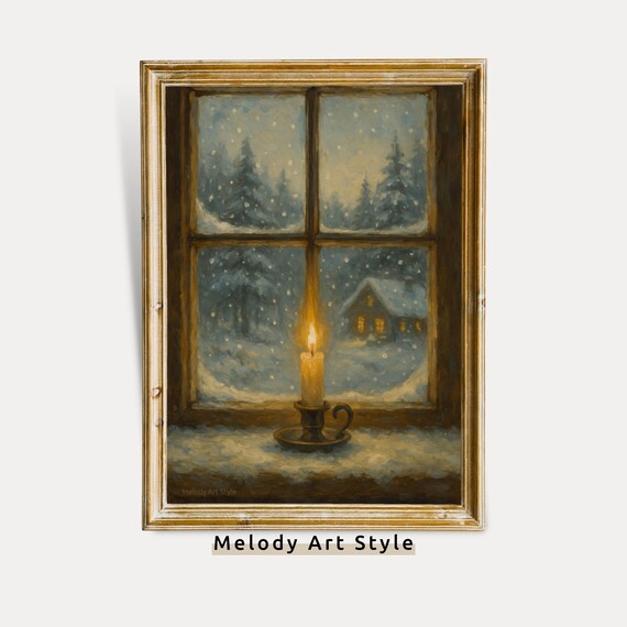 Candle In A Snowy Window With Pine Trees At Night Art Poster