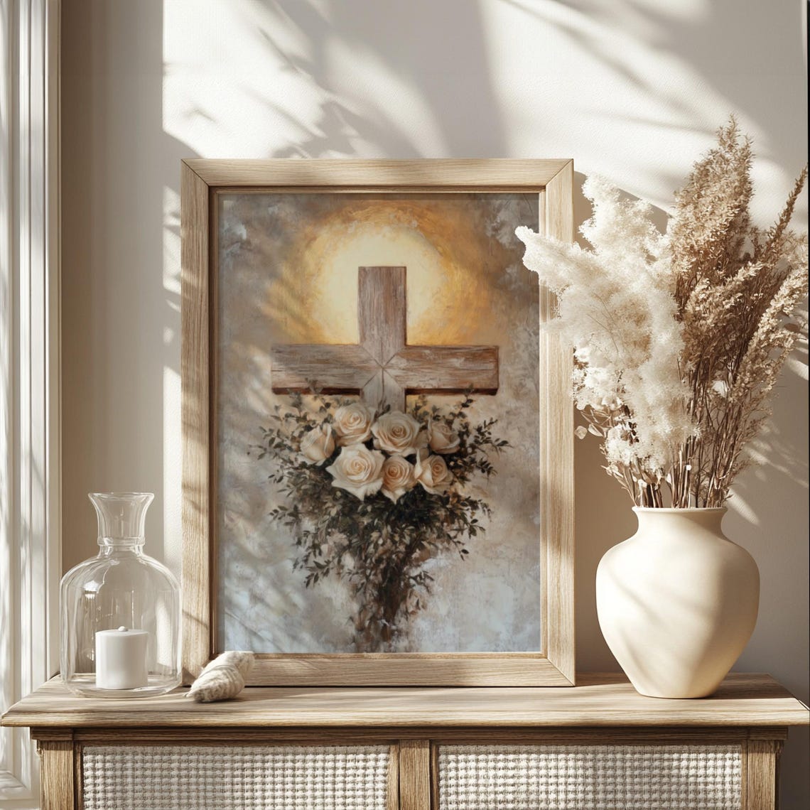 Rustic Wooden Cross With Cream Roses Glowing Faith Religious Poster - Image 2