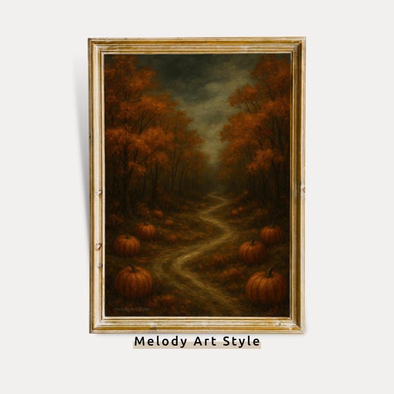 Pumpkin Forest Autumn Wall Art Moody Halloween Path Dark Academia Fall Decor Gothic Painting P639