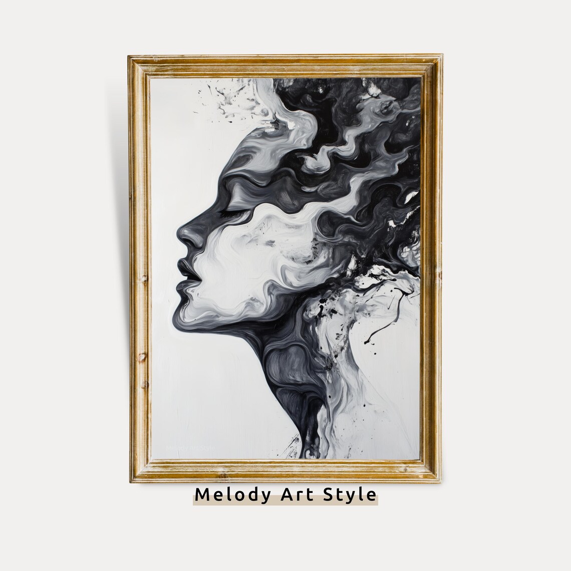 Monochrome Woman Face Fluid Black And White Ink Abstract Profile Art Print