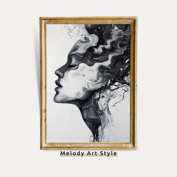 Monochrome Woman Face Fluid Black And White Ink Abstract Profile Art Print