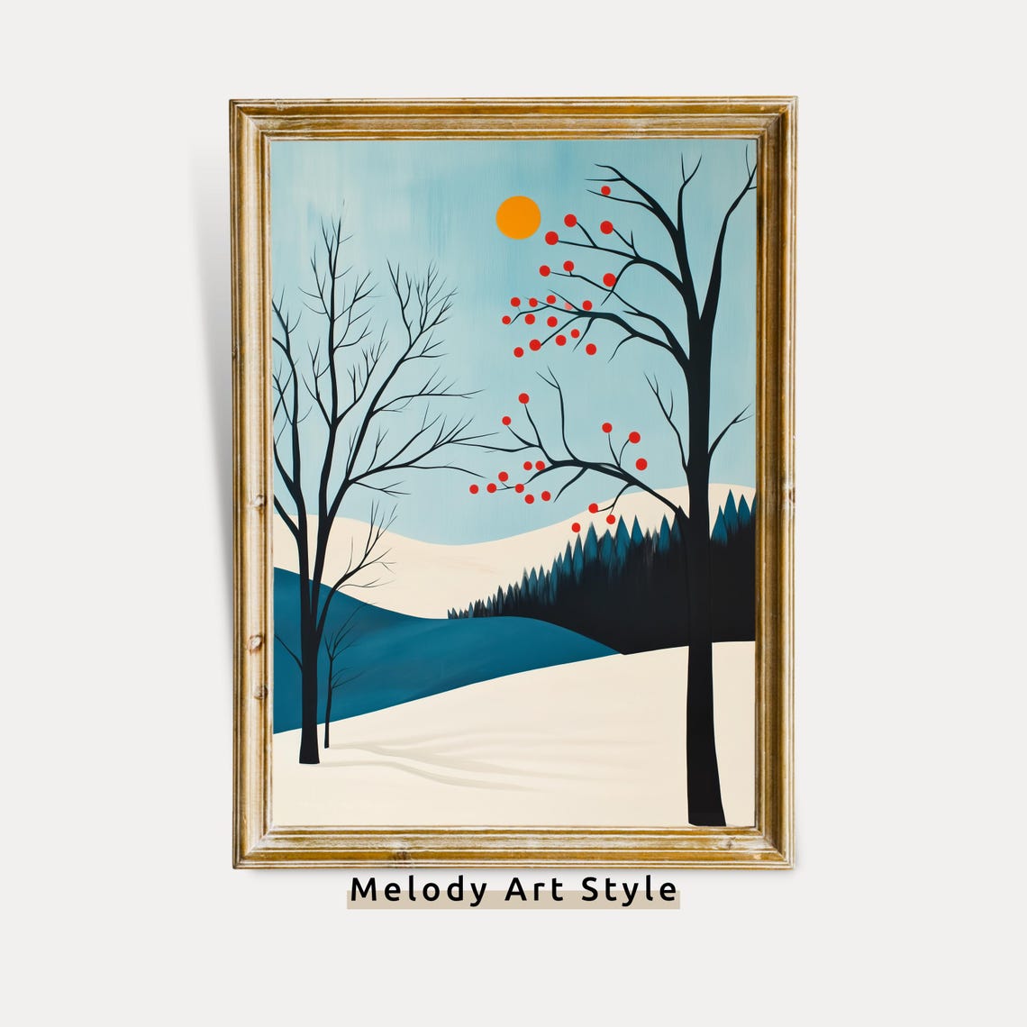 Scandinavian Winter Landscape Red Berries Minimalist Snow Poster
