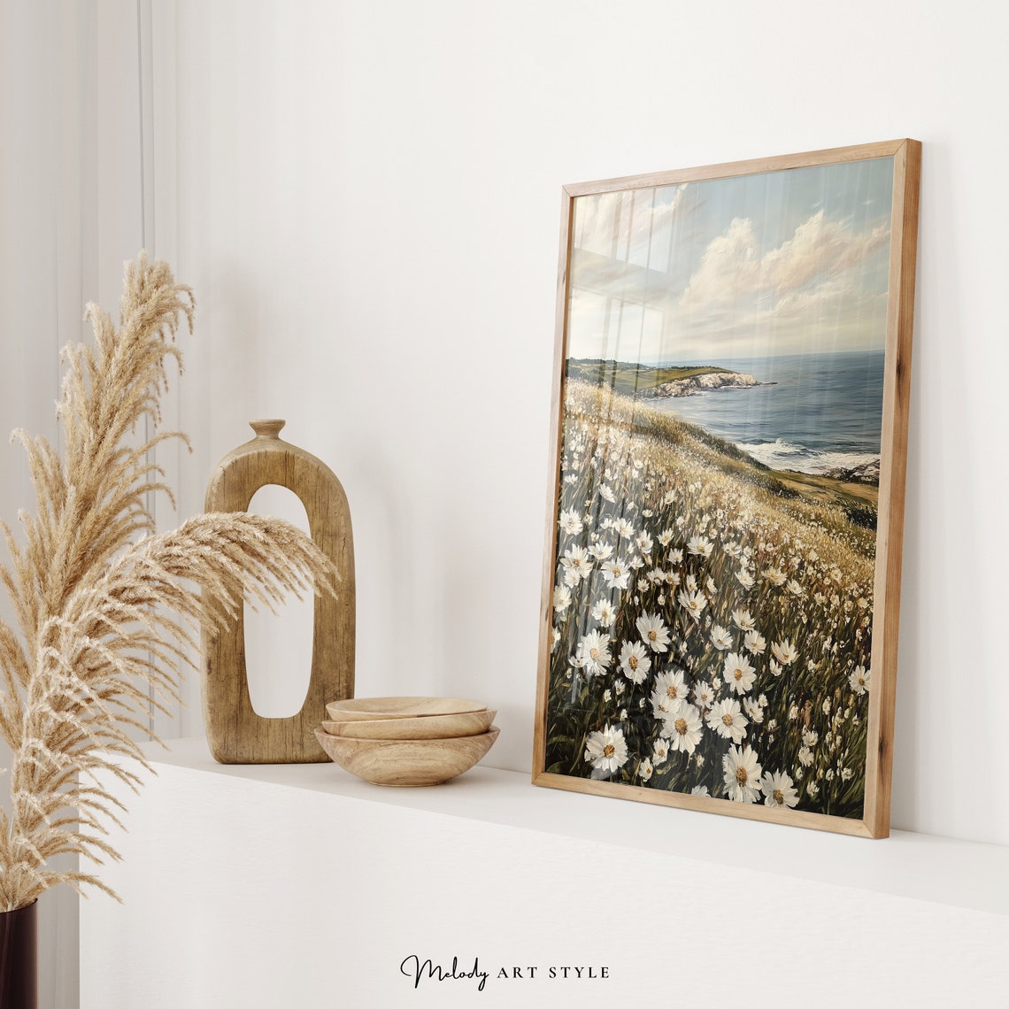 Coastal Wildflower Meadow White Daisies Ocean Cliff View Poster - Image 2