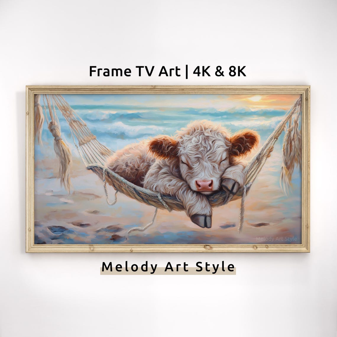 Sleeping Highland Cow Calf Napping In Hammock Beach Sunset Poster
