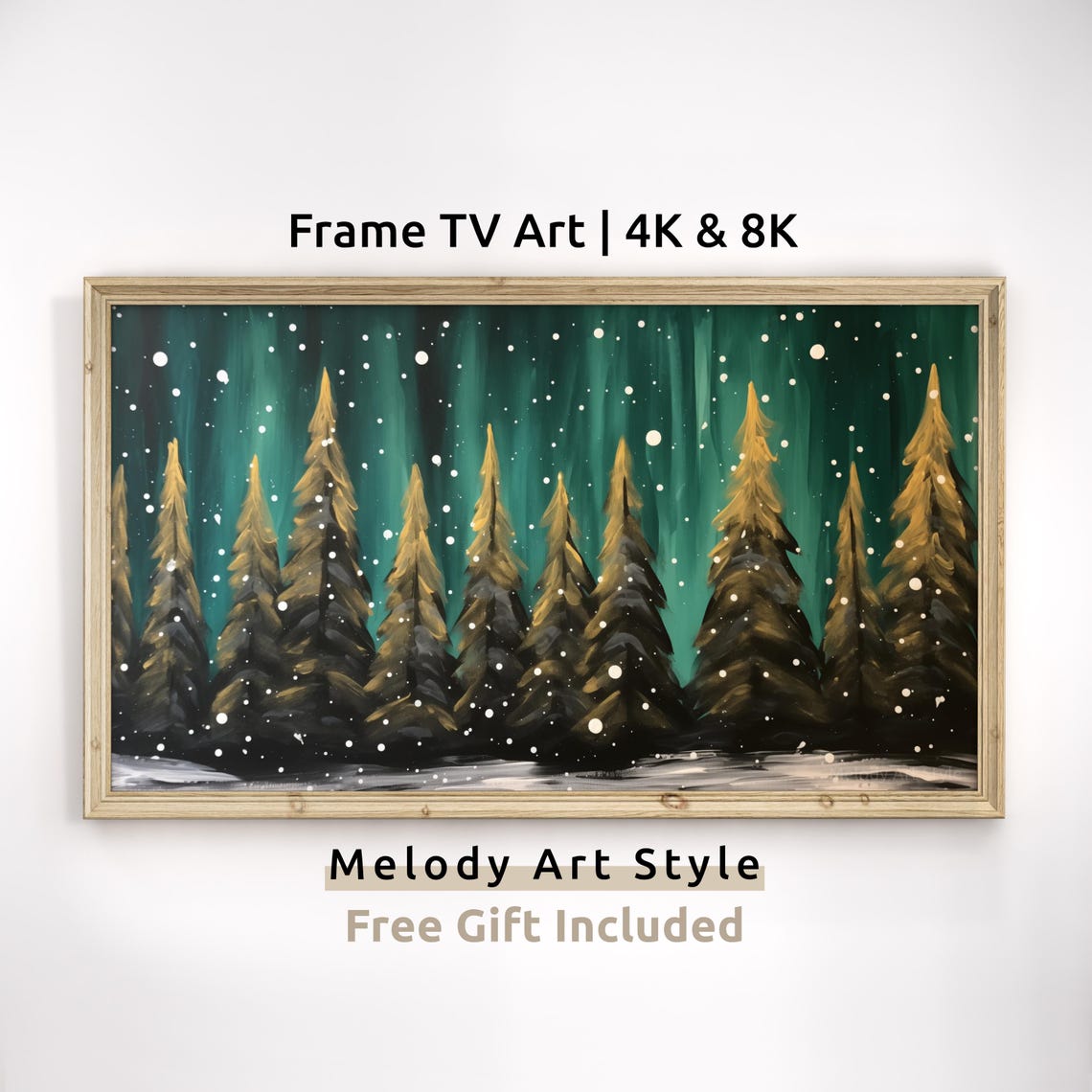 Snowy Pine Forest Night Aurora Frame TV Art Winter Wall Poster