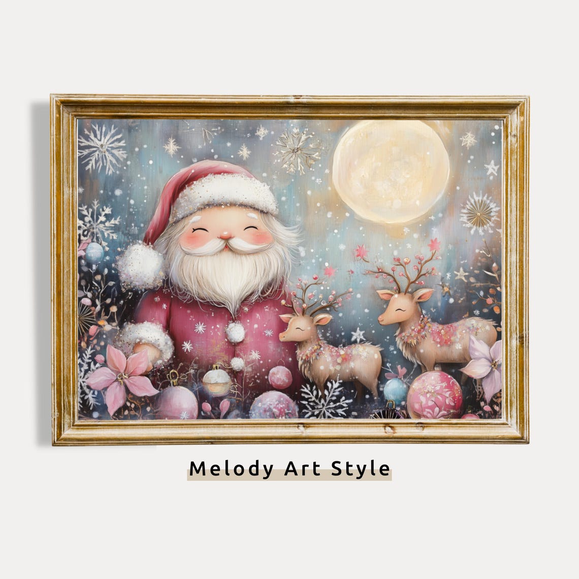 Cute Santa Claus With Reindeer Moonlight Snowfall Holiday Poster