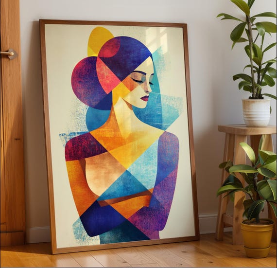 Abstract Geometric Woman Portrait Vibrant Colorful Wall Art Modern Home Decor Fine Quality Paper