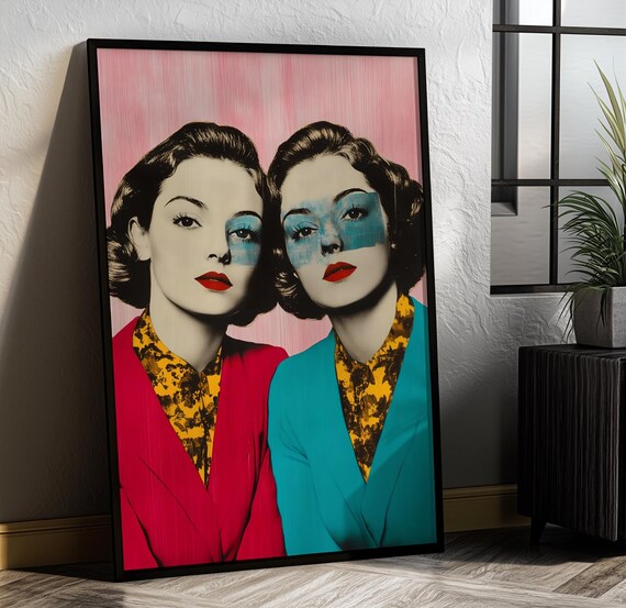 Retro Sister Portrait Pop Art Two Women Pink Background Poster