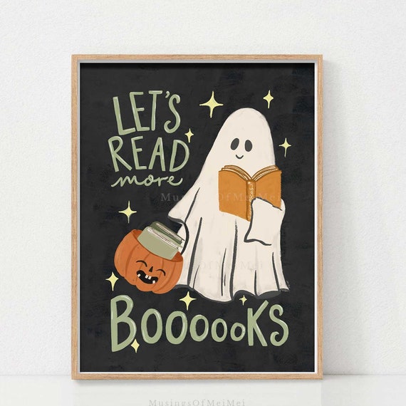 Halloween Ghost Reading Art Print, Nursery Decor