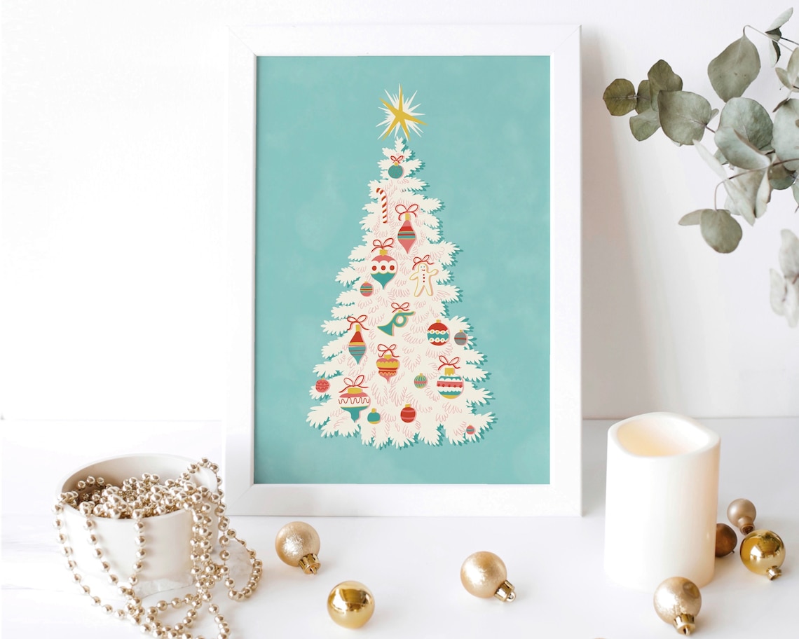 Family Christmas Tree Retro Holiday Decor Art Print