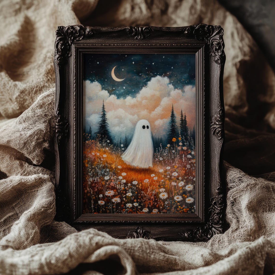 Cute Ghost in Night Wildflower Meadow Whimsigoth Painterly Art Poster - Image 2