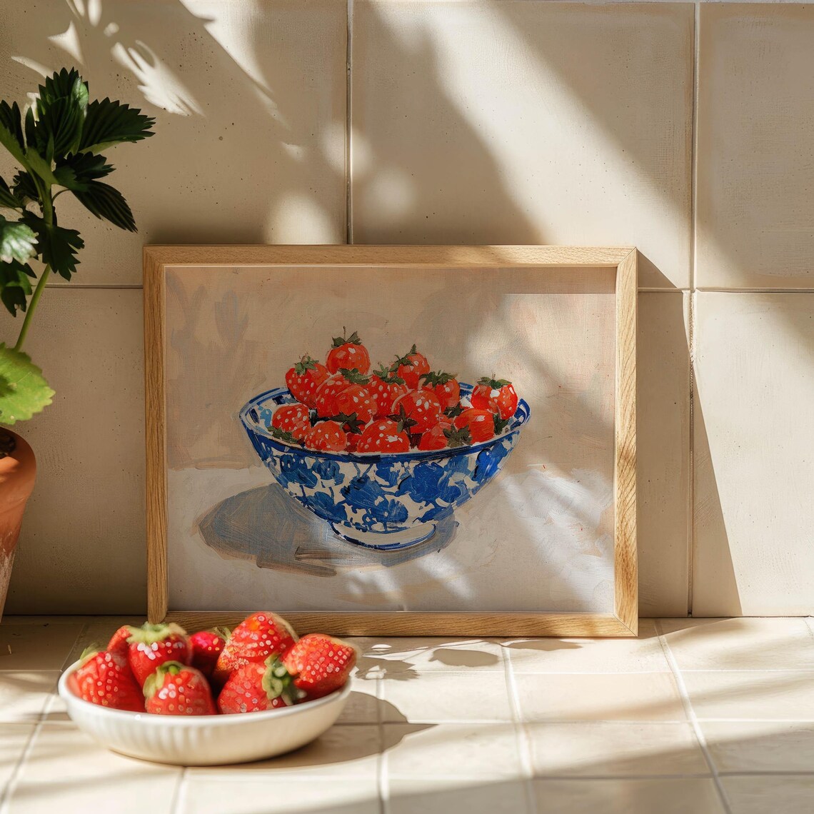 Strawberries In Blue Bowl Still Life Painting Kitchen Wall Art - Image 2