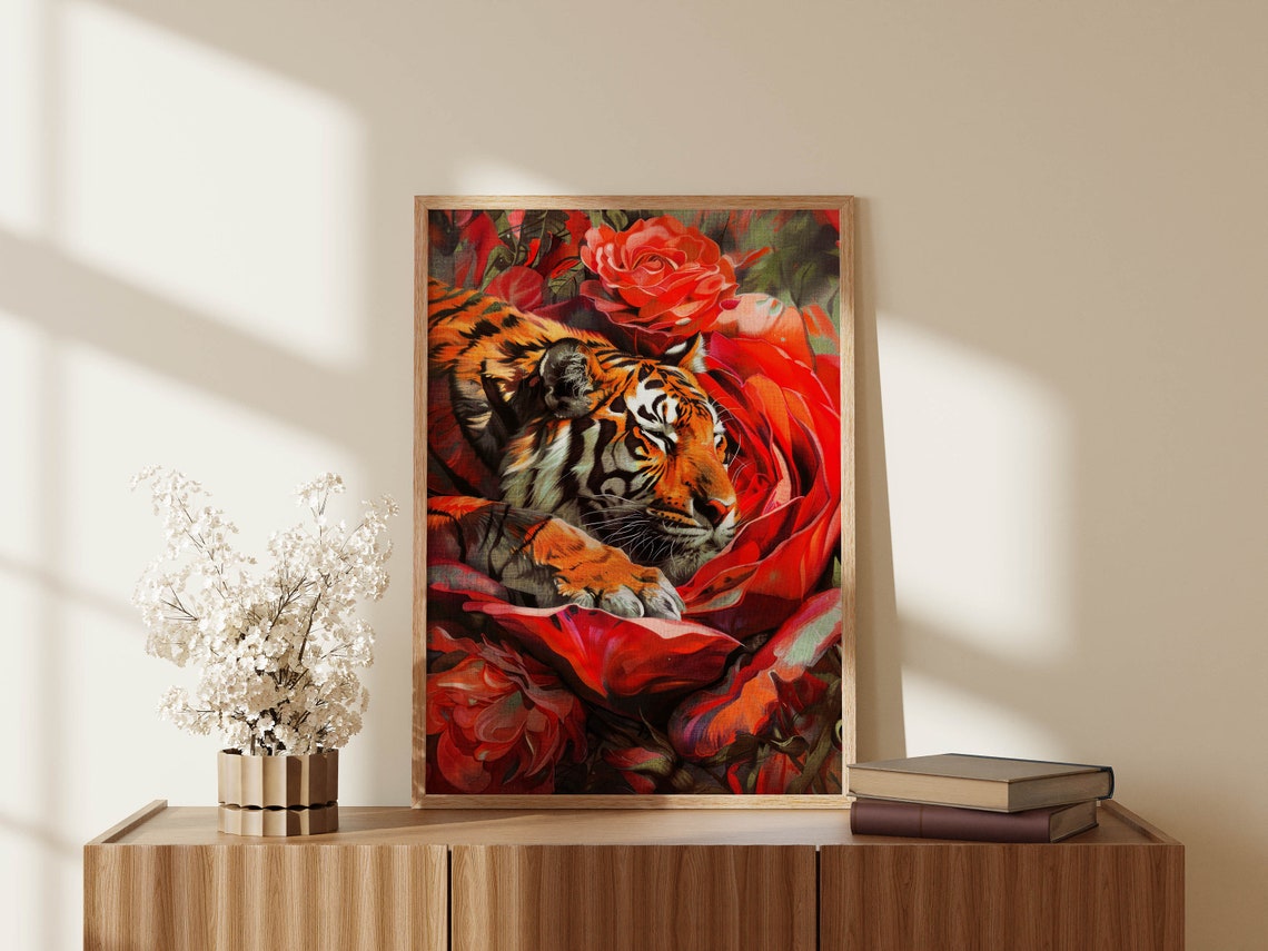 Sleeping Tiger Among Red Roses Maximalist Floral Wall Poster - Image 2