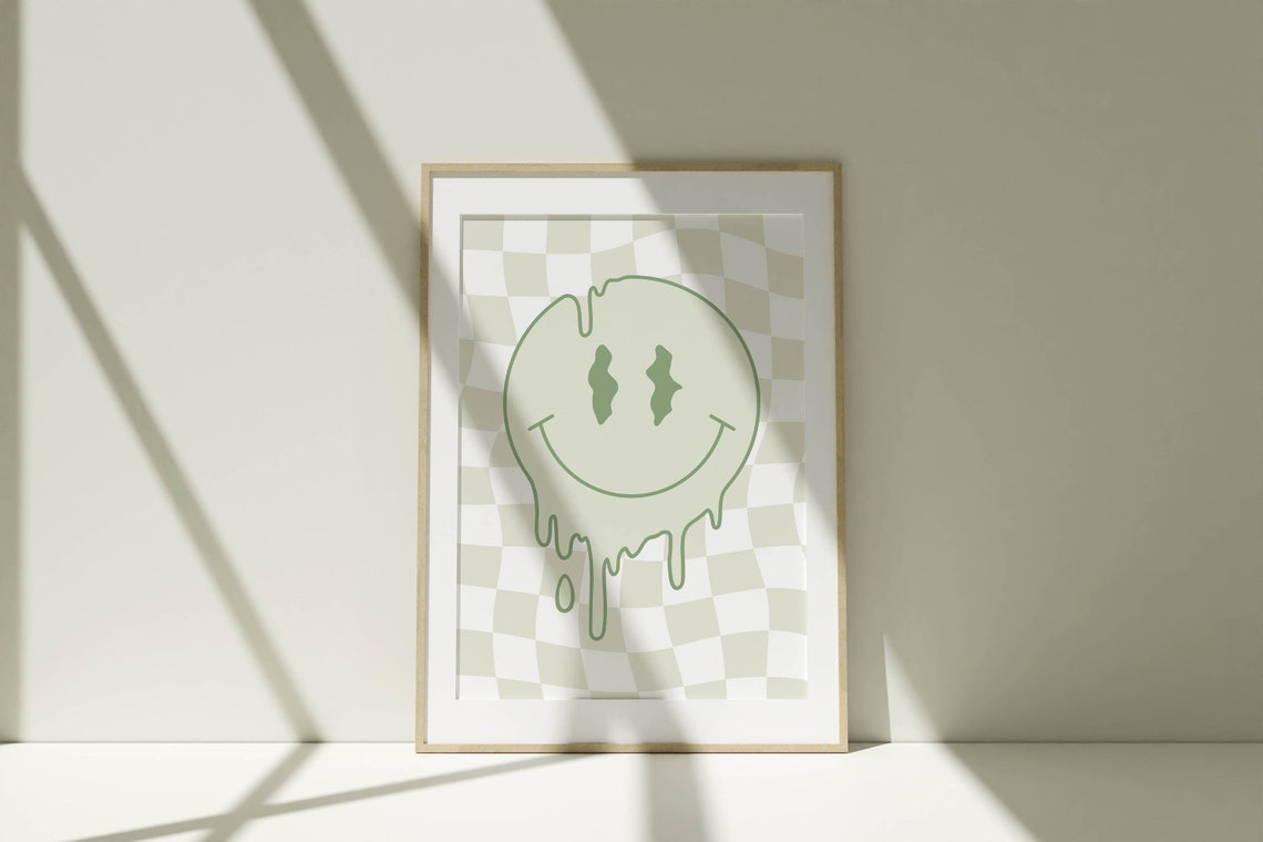 Melting Smiley Face Sage Green Wavy Checkered Retro Room Poster - Image 2