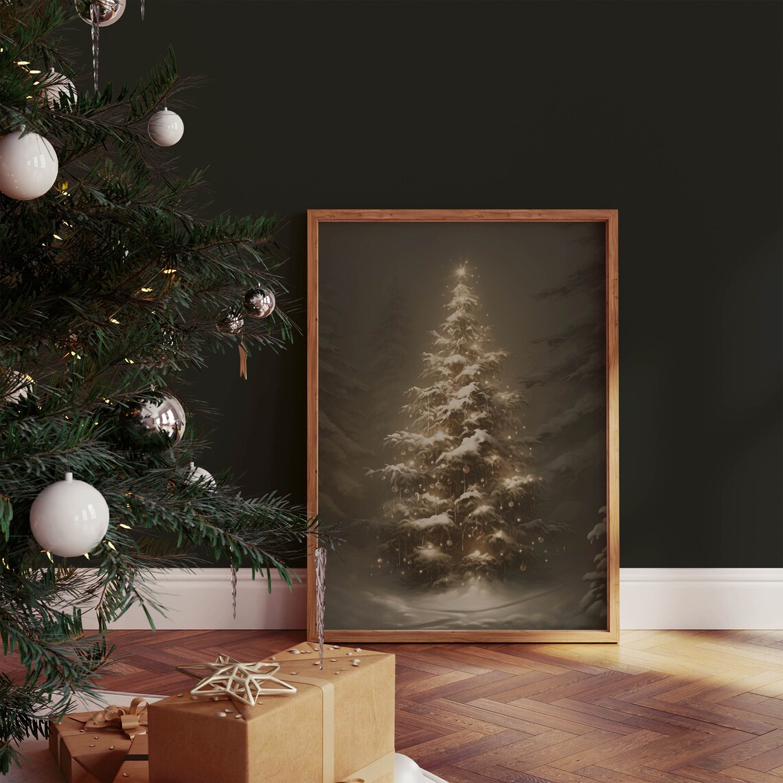 Snow Covered Glowing Christmas Tree in a Dark Moody Winter Forest Poster - Image 3