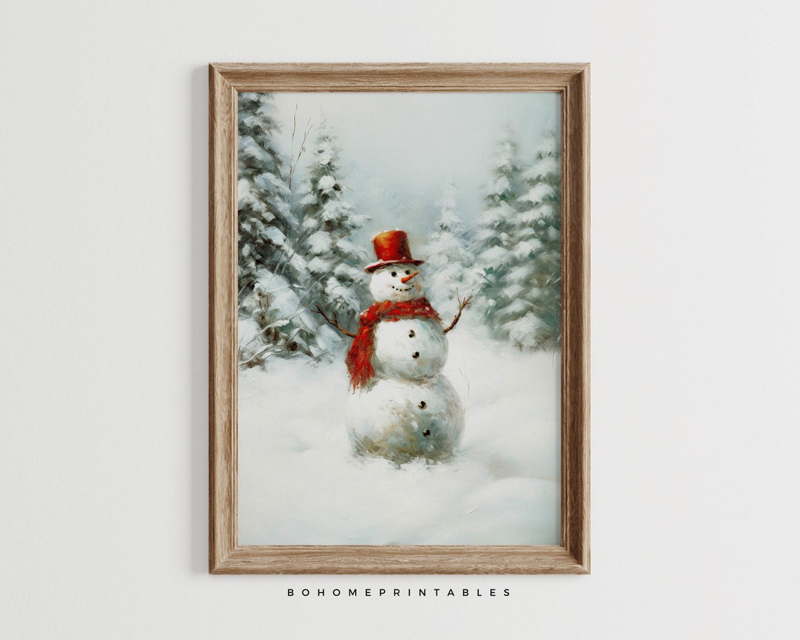 Snowman in Snowy Forest Oil Painting Vintage Christmas Decor Poster