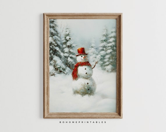 Snowman Funny Christmas Painting Landscape Print Farmhouse Christmas Holiday Decor Forest Wall Art Kitschy Christmas Oil Painting Print