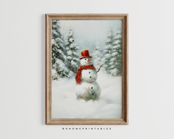 Snowman in Snowy Forest Oil Painting Vintage Christmas Decor Poster