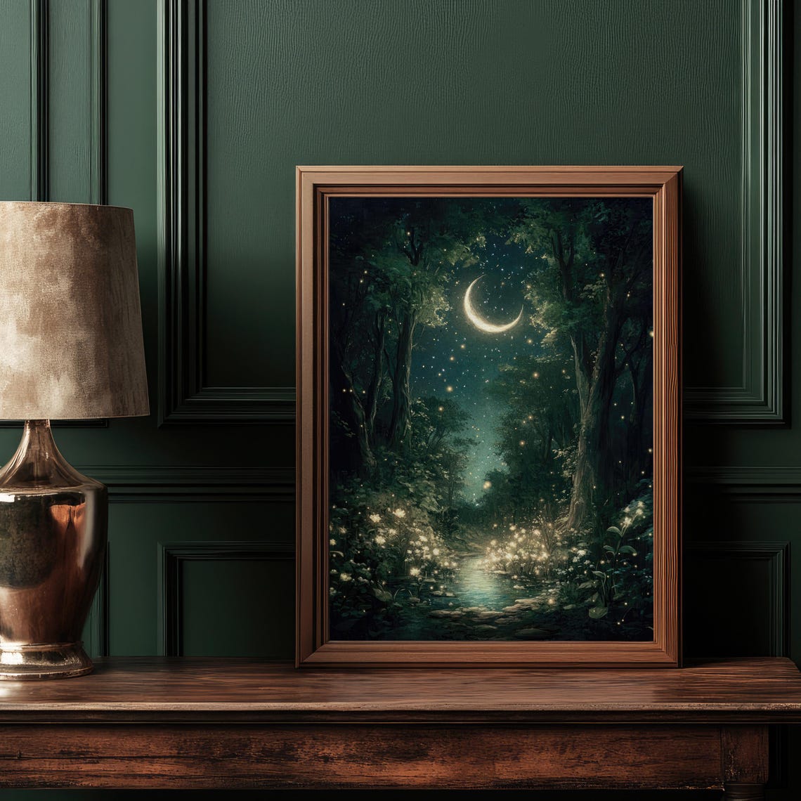 Moonlit Forest Fireflies Crescent Moon Painting Night Poster - Image 2