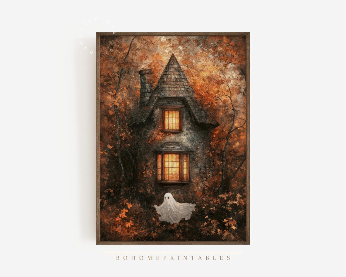 Ghost at Haunted Cottage Autumn Forest Vintage Halloween Poster - Image 2