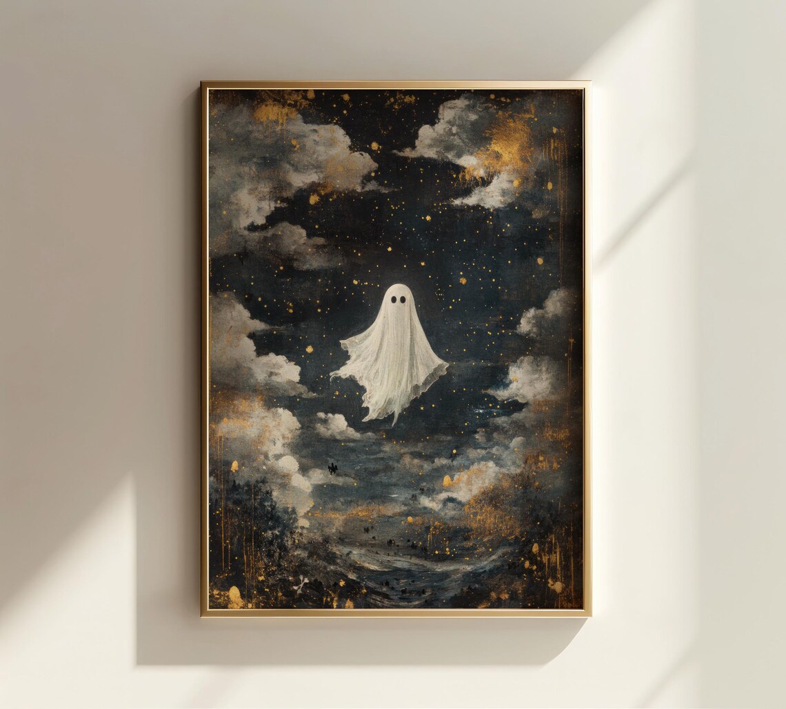 Cute Ghost In Starry Night Clouds Dark Vintage Ornate Frame Halloween Poster - Image 2