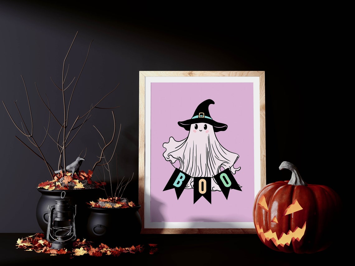 Cute Ghost Art Print Halloween Decoration Printable Funny Halloween Wall Art Cute Halloween Ghost Decor Pastel Halloween Party Wall Decor - Image 2