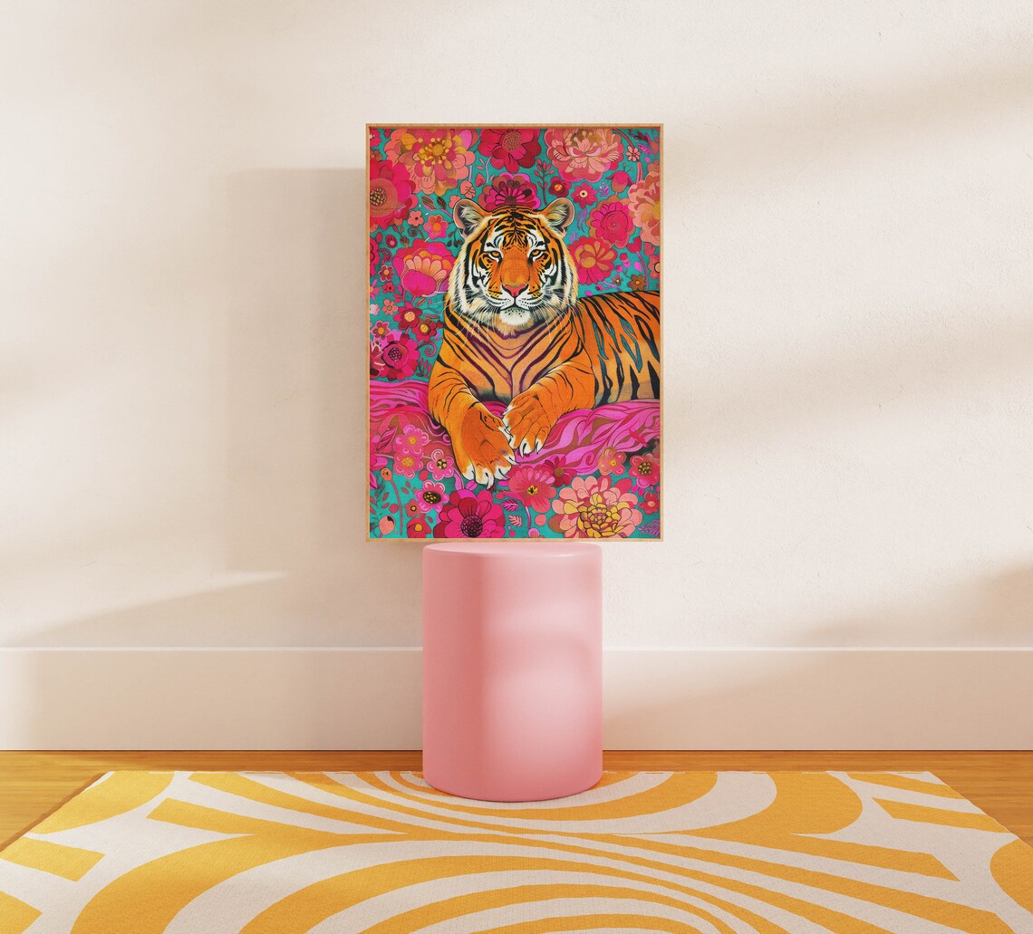 Tiger Floral Print, Maximalist Animal Art - Image 2