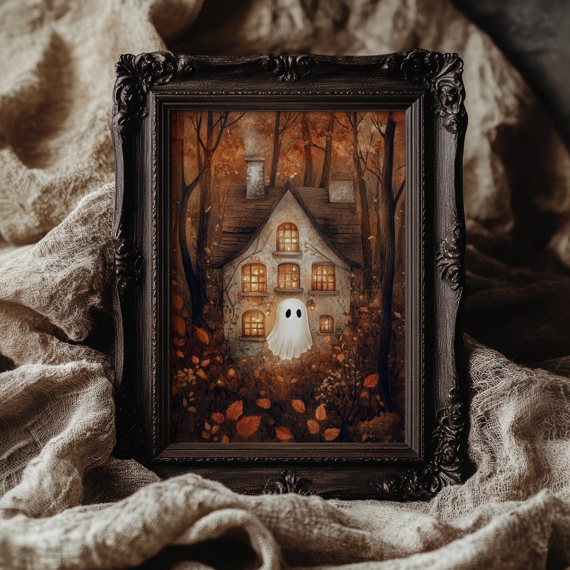 Cute Ghost Outside a Candlelit Cottage in the Fall Forest Poster