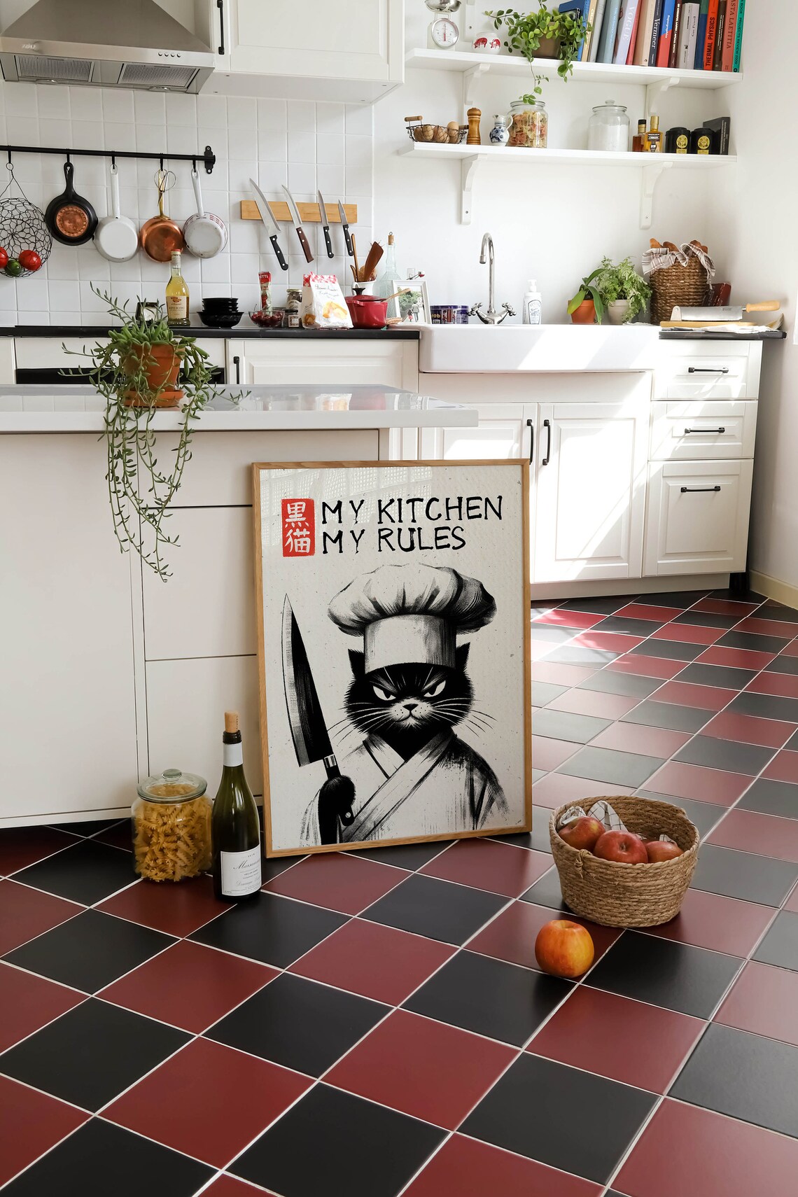 My Kitchen My Rules Stern Black Cat Chef Japanese Ink Art Poster - Image 2