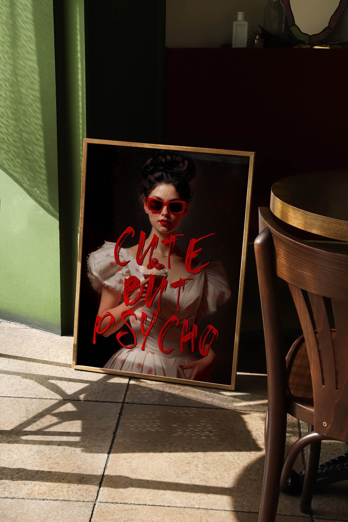 Cute But Psycho Red Sunglasses Cupcake Altered Portrait Art Poster - Image 2
