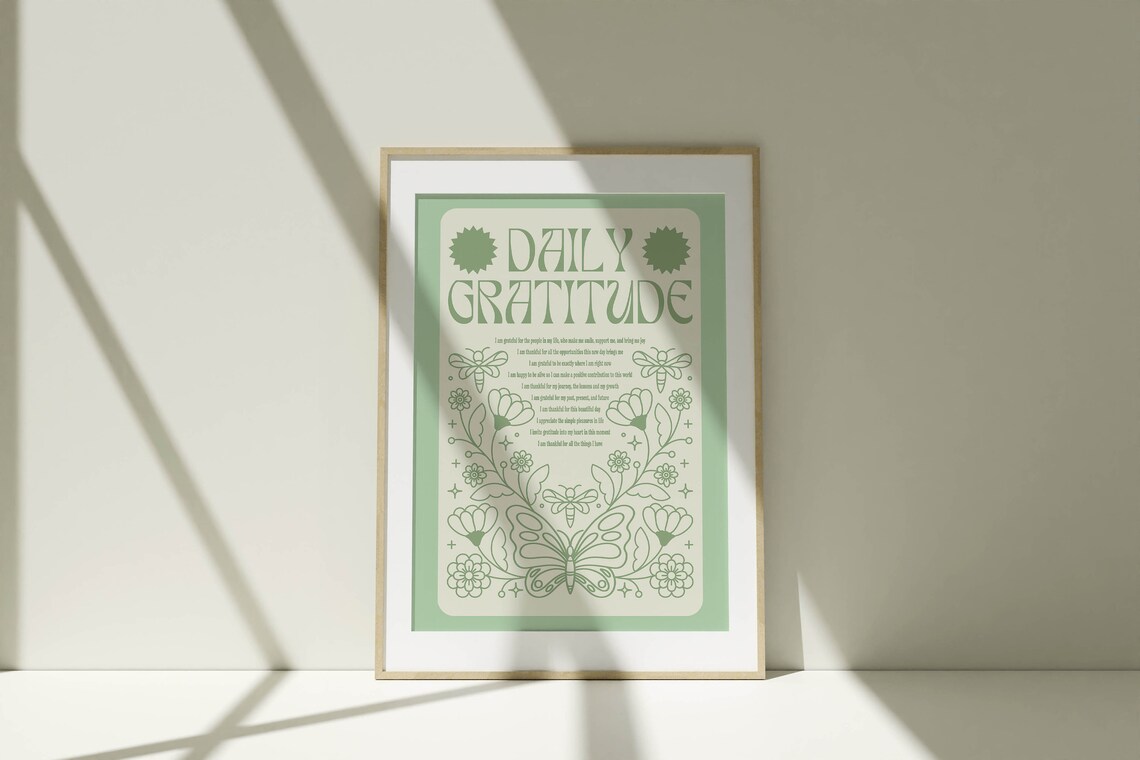 Daily Gratitude Sage Green Butterfly Floral Mindful Quote Art Poster - Image 2