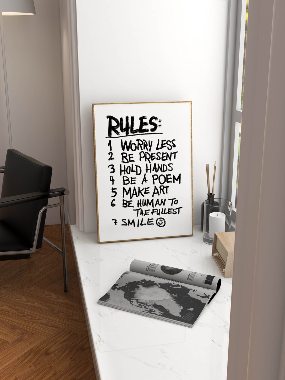 Rules Worry Less Be Present Hand Lettered Motivational Quote Poster - Image 3