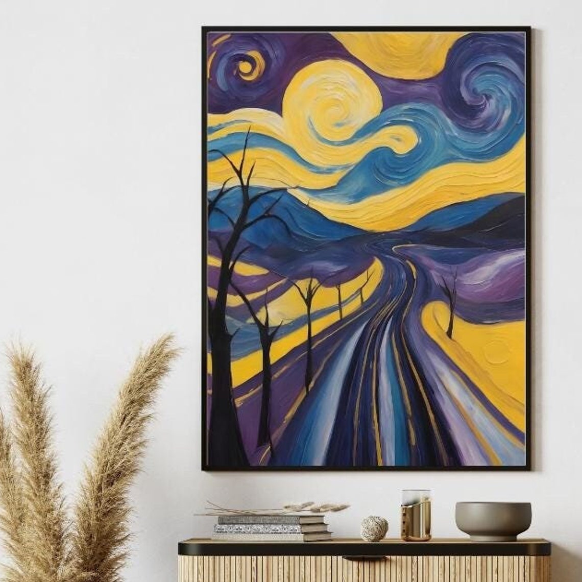 Van Gogh Style Night Highway Road Beneath a Swirling Moon Poster - Image 4