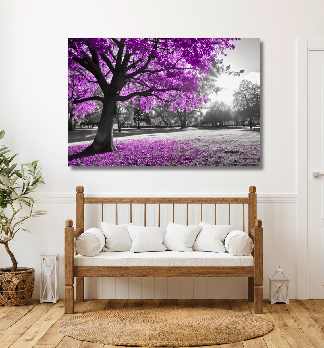 Purple Tree In A Black And White Park Selective Color Poster - Image 2