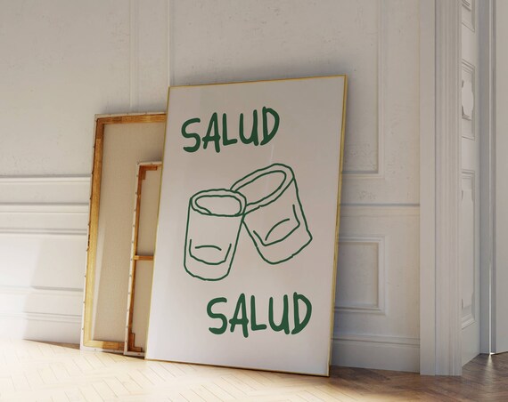 Salud Tequila Shots Hand Drawn Green Line Bar Cart Funny Poster