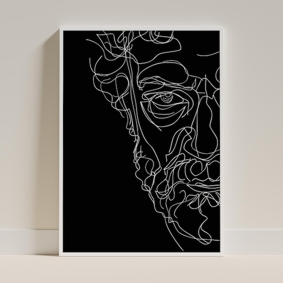 Continuous Line Male Portrait Greek Bust Black White Modern Art Poster